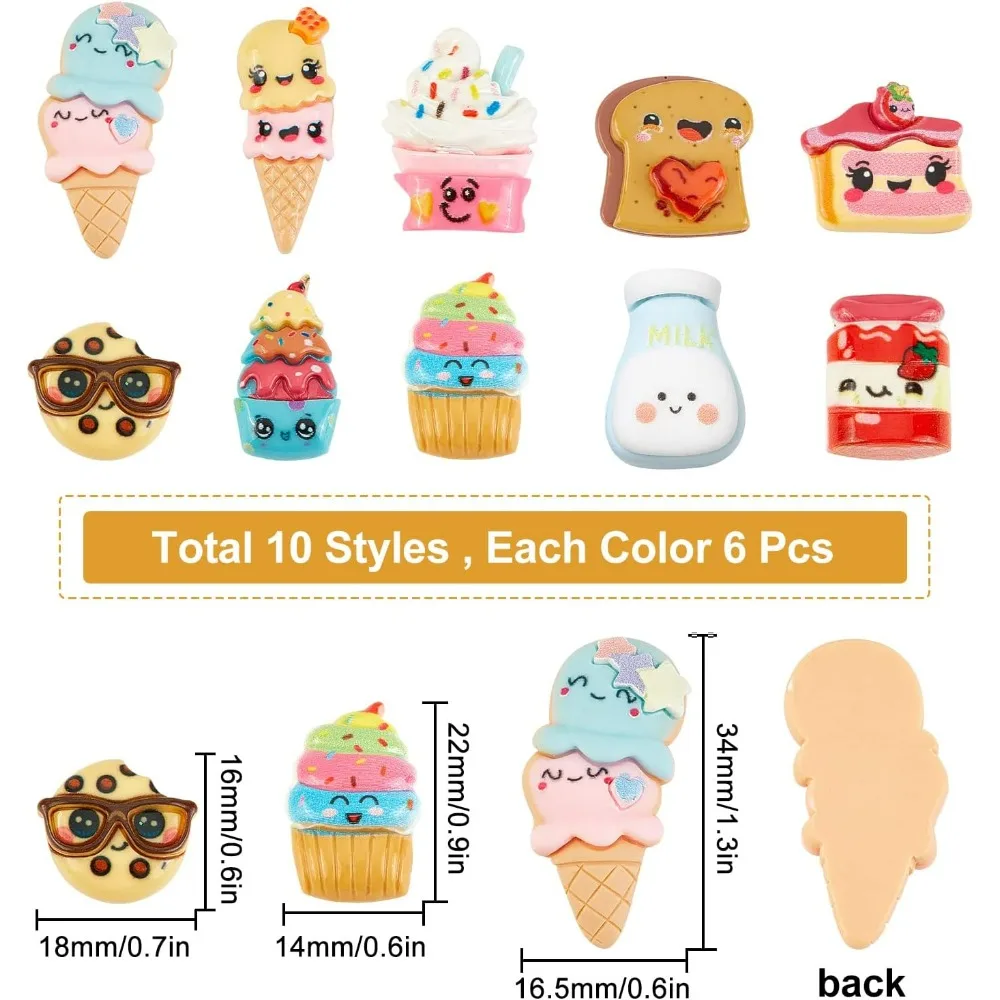 60Pcs 10 Styles Thanksgiving Resin Cabochons Food Theme Charms Toast Milk Cake Cookie Ice Cream Shape Colorful 3D Cabochons