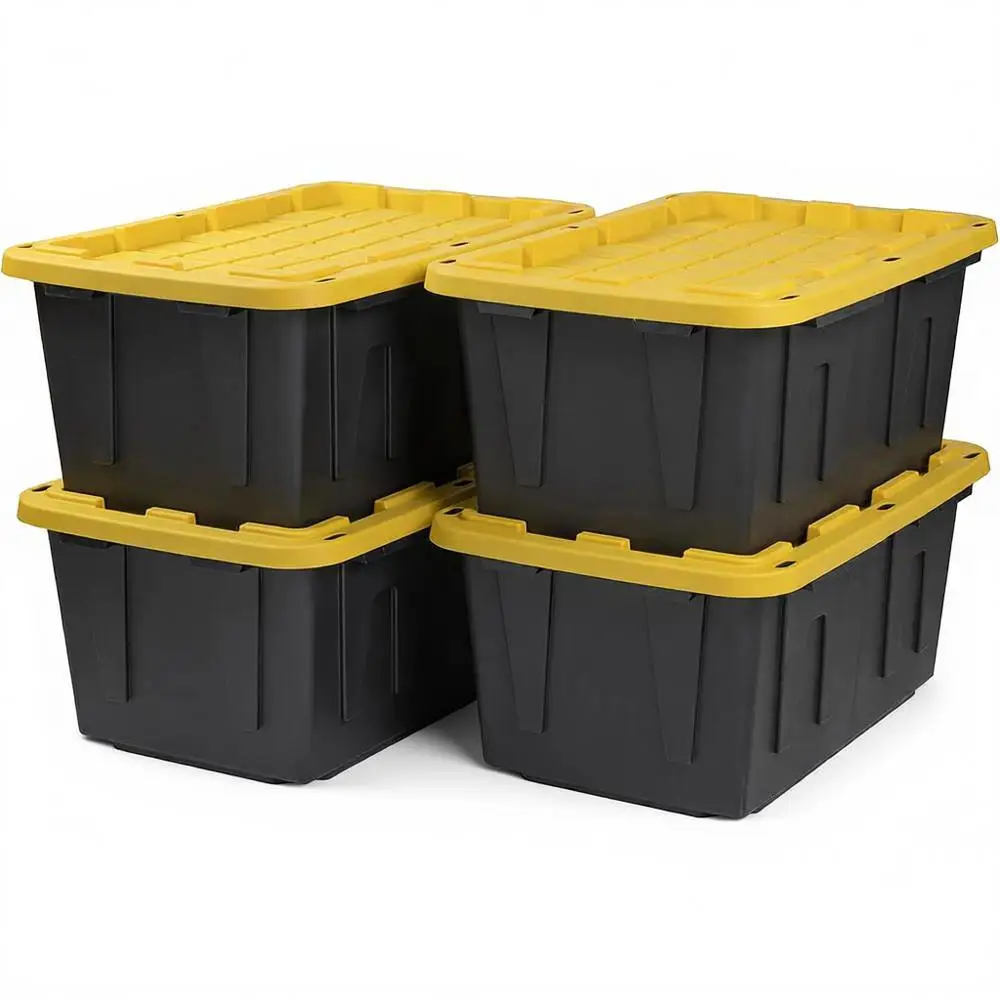 

Набор из 4-х прочных штабелируемых пластиковых контейнеров для хранения объемом 27 галлонов с крышками, устойчивых к воздействию погодных условий, для организации дома, 14,3 x 20,6 дюймов (В x Д)