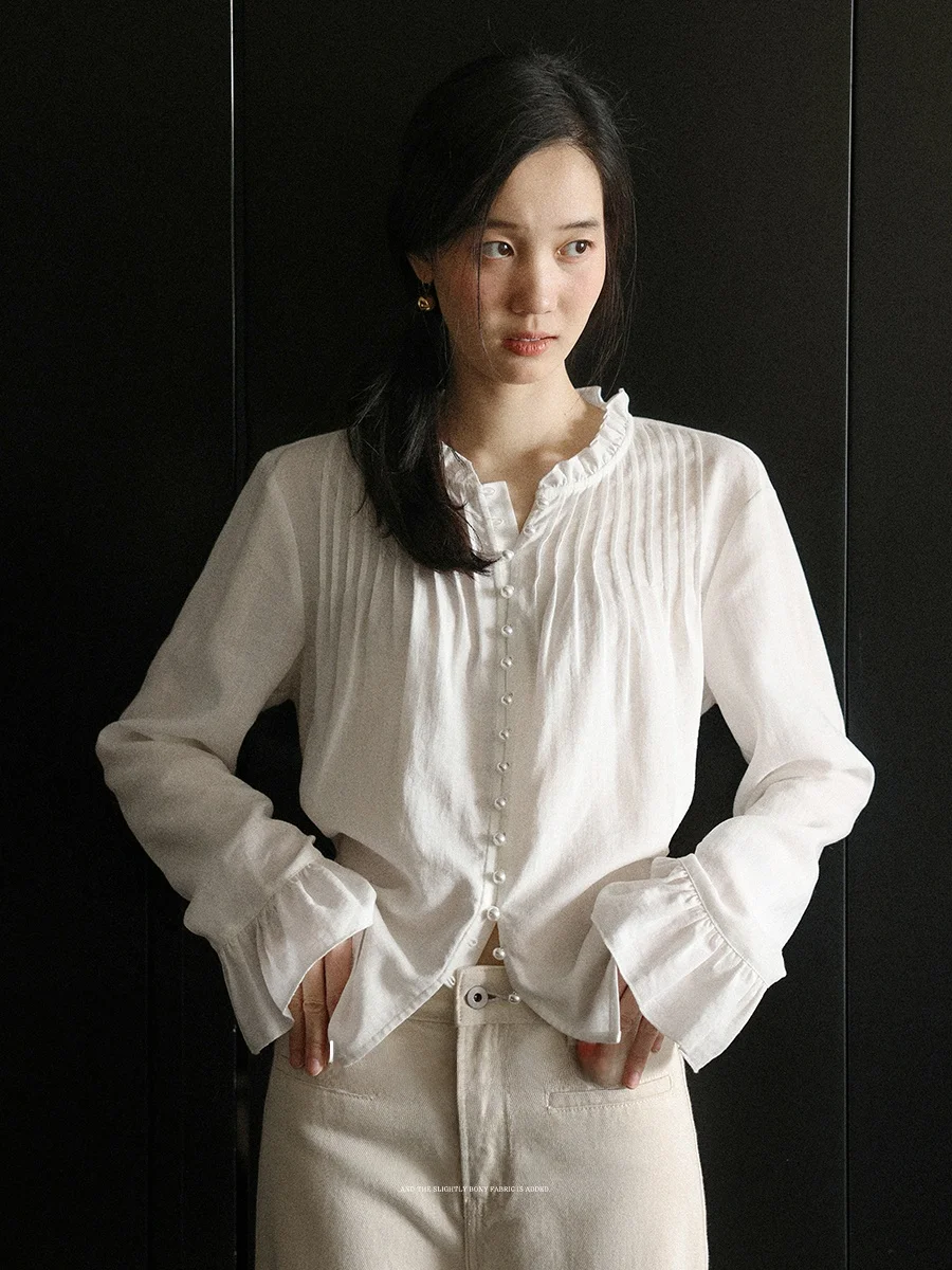 

Винтажный топ Lalaglow с деревянными пуговицами и жемчугом, приталенный, для женщин, ранняя весна, французский стиль, свободный крой, длинный рукав