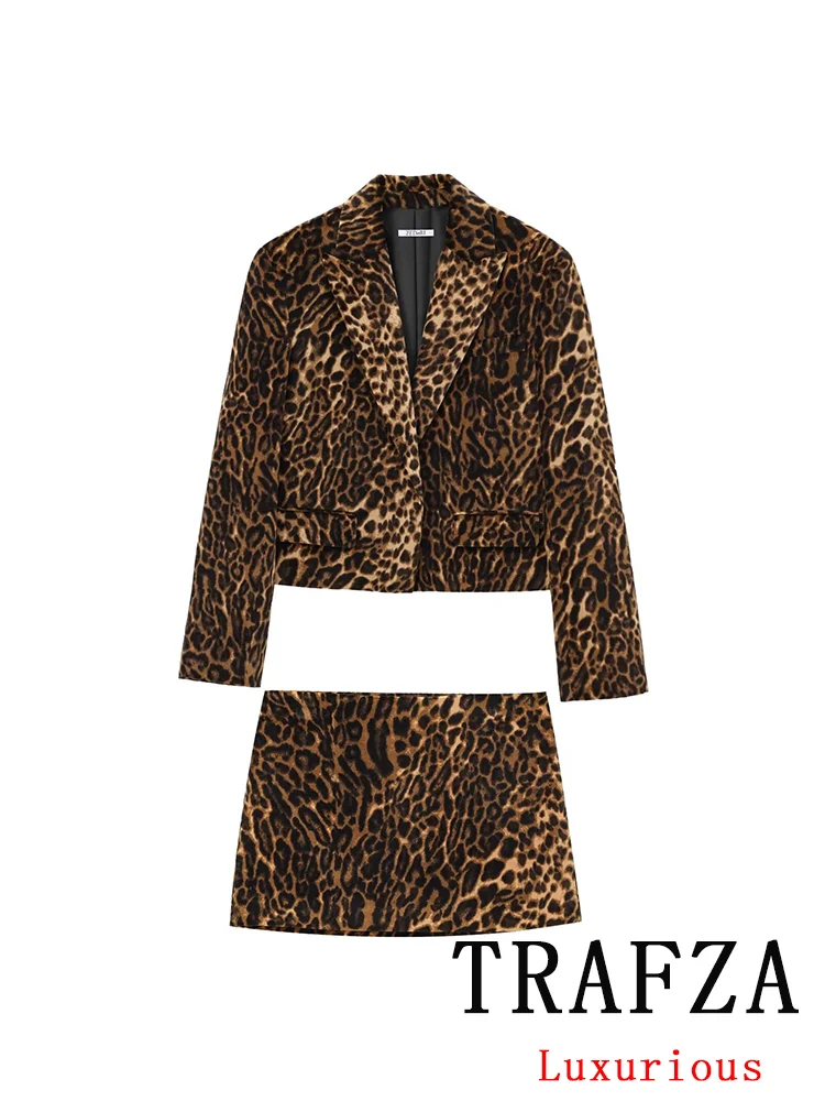 TRAFZA Vintage Women Leopard Print Suit Button Short Blazer Straight Mini Skirt Short Fashion 2024 Autumn Winter Office Wear Set