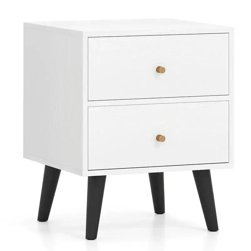 

Mid Century Modern Bedside Table Nightstand with Golden Knobs and Raised Support Legs-White