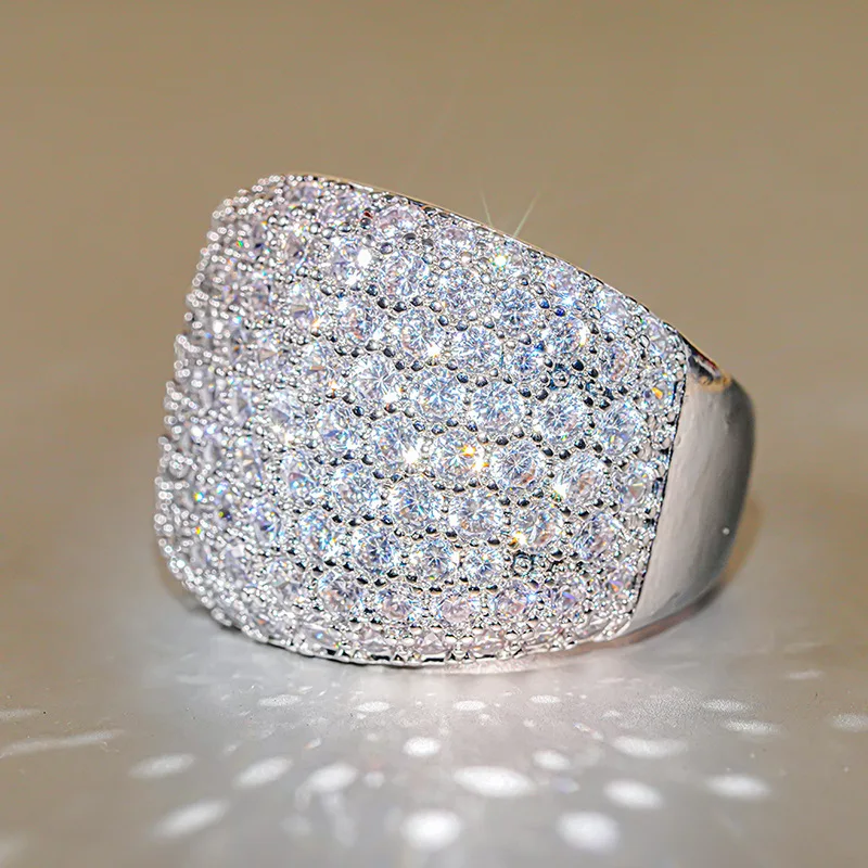 Luxury Sparkle Full Micro Inlay Round 5A Zircon Wide Dome Rings for Women Bling Cocktail Evening Party Fine Stackable Jewelry