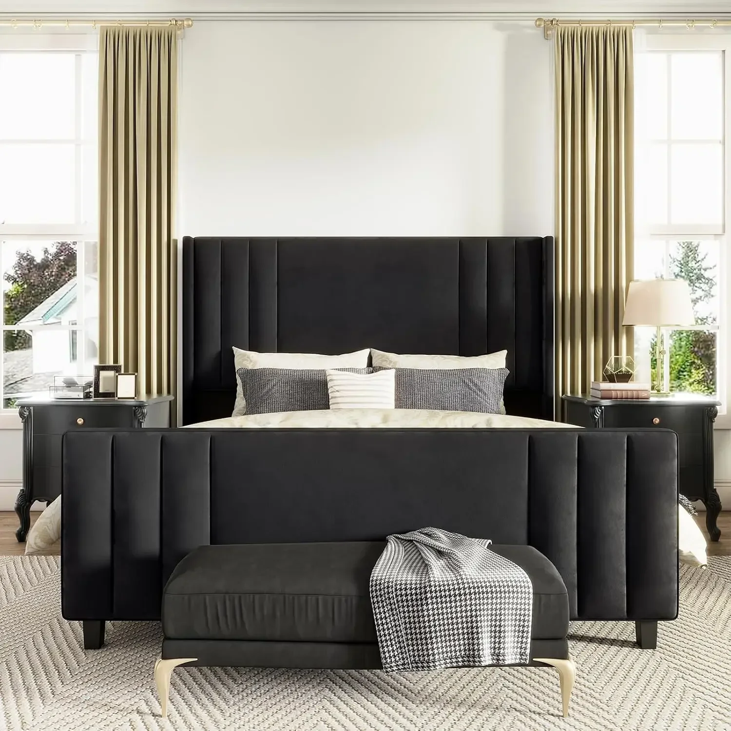 King Size Bed Frame, Velvet Upholstered Platform Bed with Vertical Channel Tufted Headboard & Footboard/Wingback