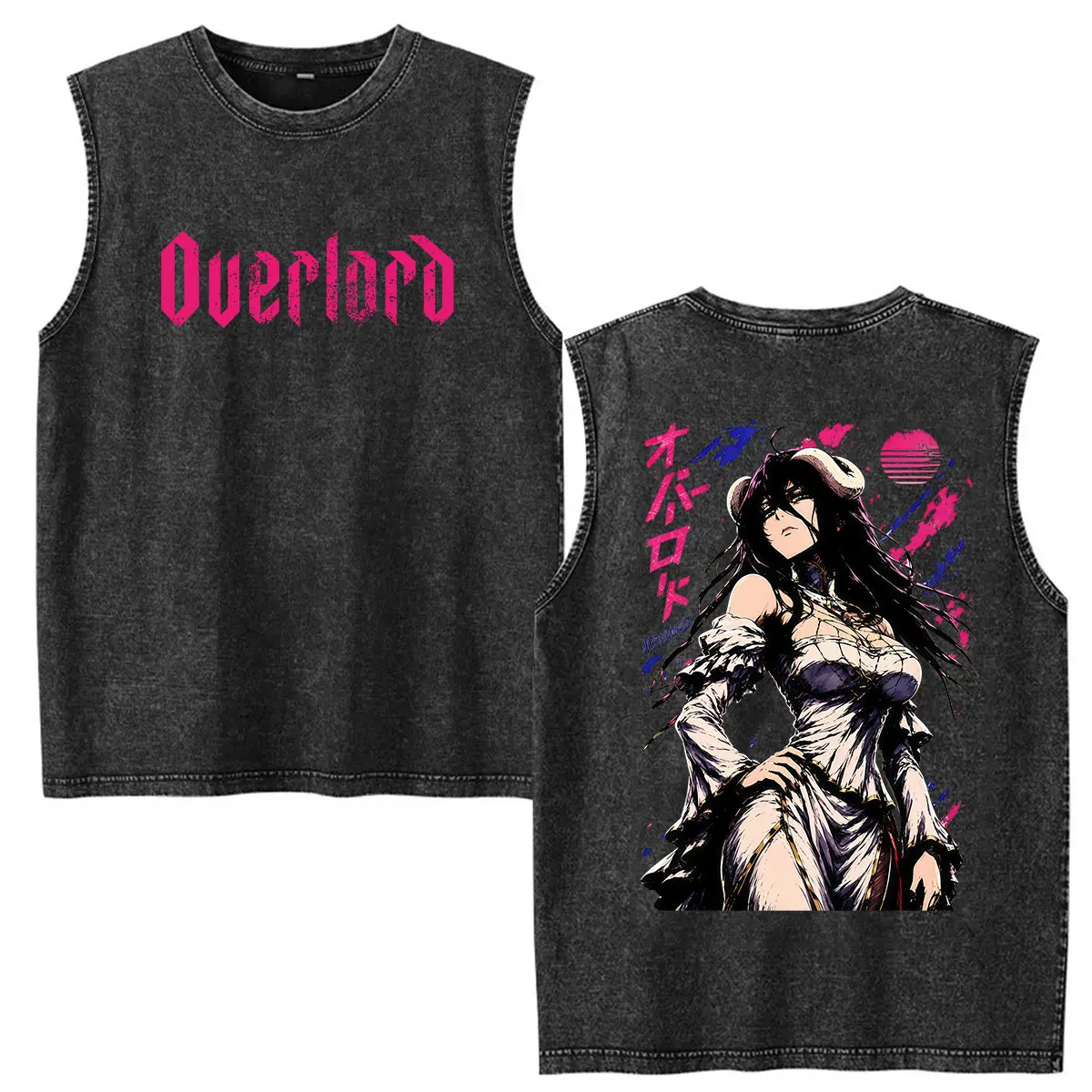 Vintage Washed Ves Anime Albedo Overlord Graphic T Shirt Men Women Tank Top Fashion Cute Short Sleeve Cotton T-shirts Streetwear
