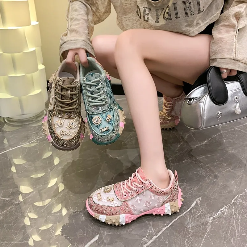 High Appearance Level Thick-soled Mesh Cloth Rhinestones Fashion All Comfortable Non-slip Breathable Sports Women's Single Shoes