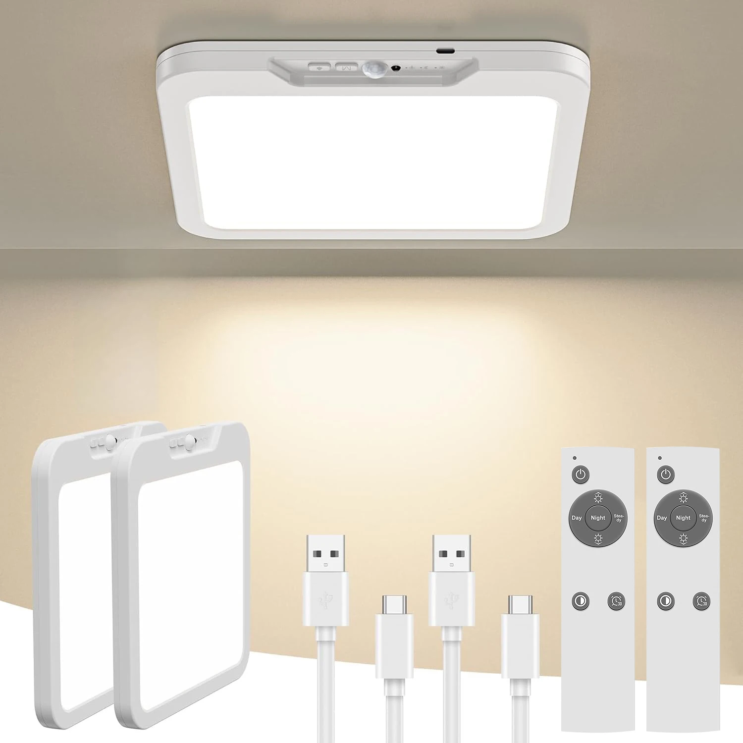 2PC/1PC Rechargeable Ceiling Light with Remote , Battery Operated Closet Lights Motion Sensored, 3 Color Temperatures Magnetic