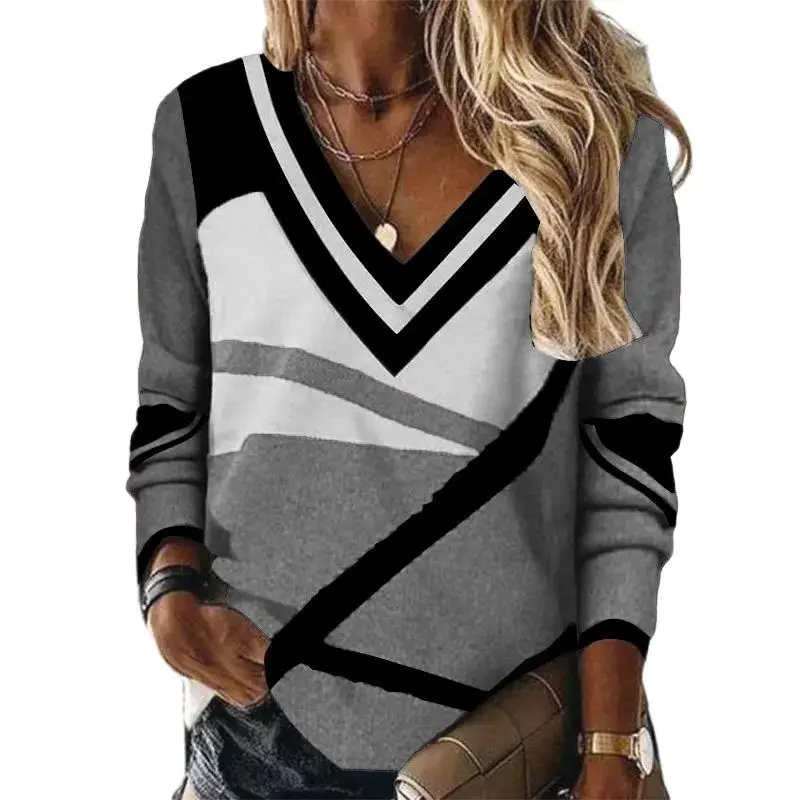 

Spring And Autumn Women's V-Neck Color Contrast Geometric Printing Temperament Loose Long Sleeve T-Shirt Fashion Casual Lady Top