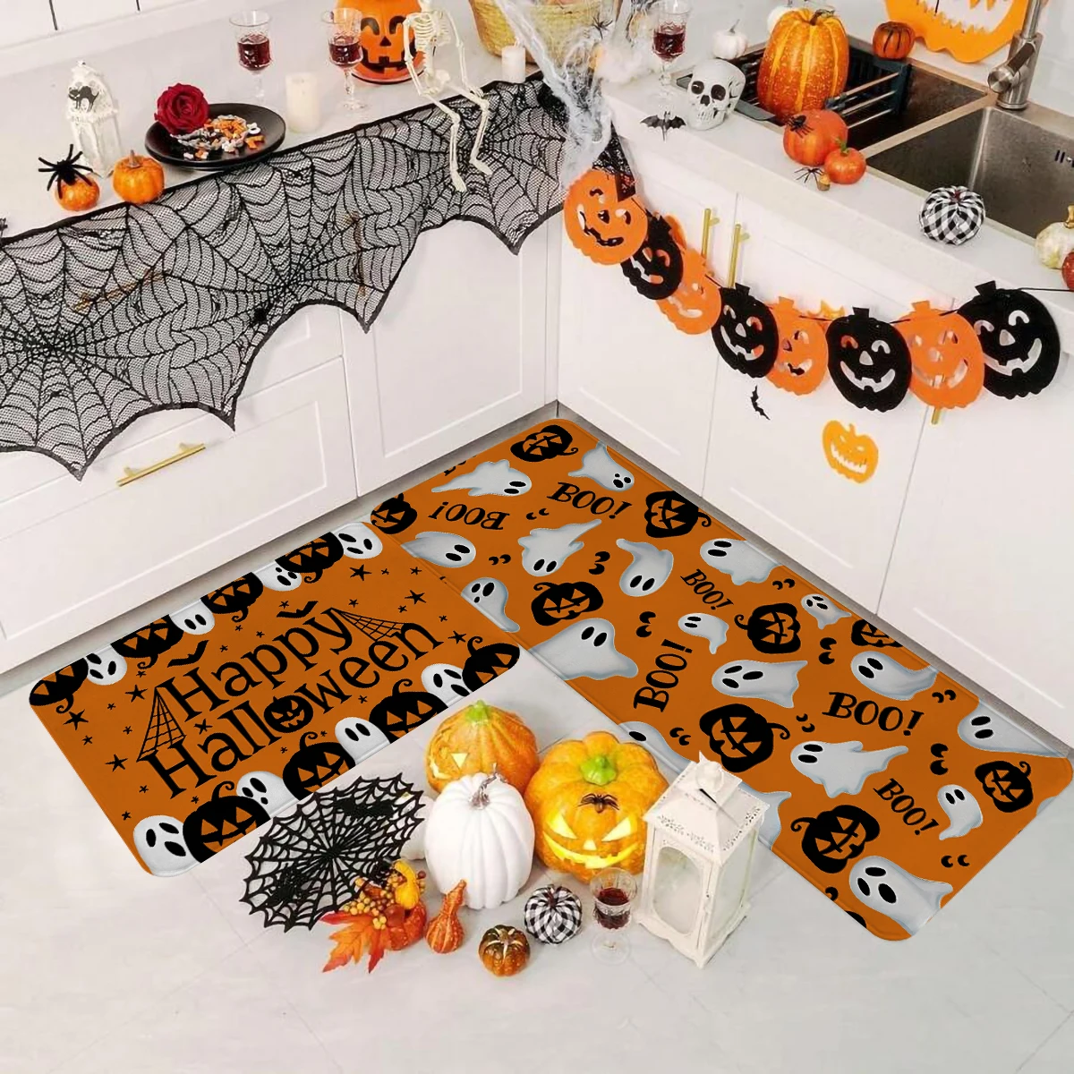 1pc halloween cozinha decoração tapete tapete feliz dia das bruxas fantasma abóbora boo design antiderrapante flanela tapete pé