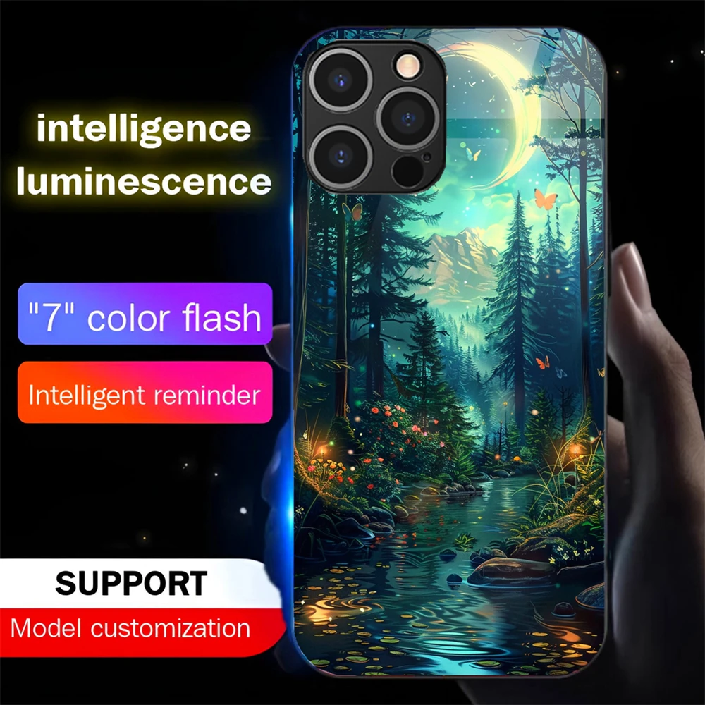

Pretty Dreamy Forest LED Calling Light Flash Phone Case Smart Luminous Cover For iPhone 16 E 15 14 13 12 11 Pro Max XS XR Plus