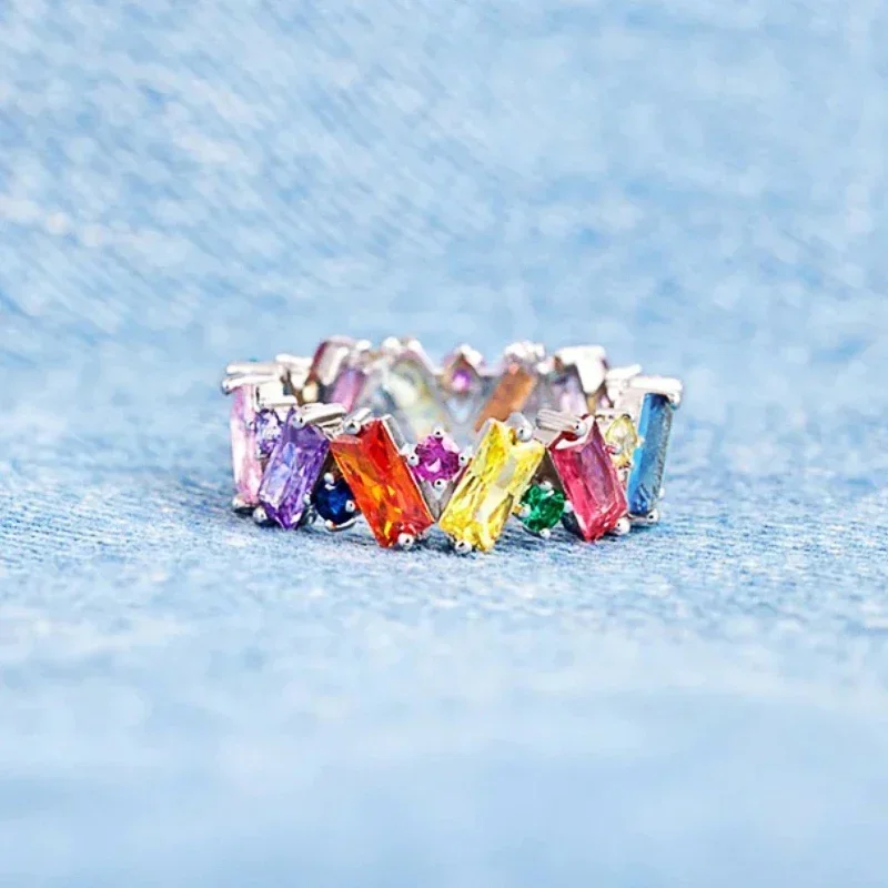 Huitan Bright Rainbow Cubic Zirconia Ring Women Fashion Summer Jewelry Young Lady Dainty Gift Accessories Jewelry image 2