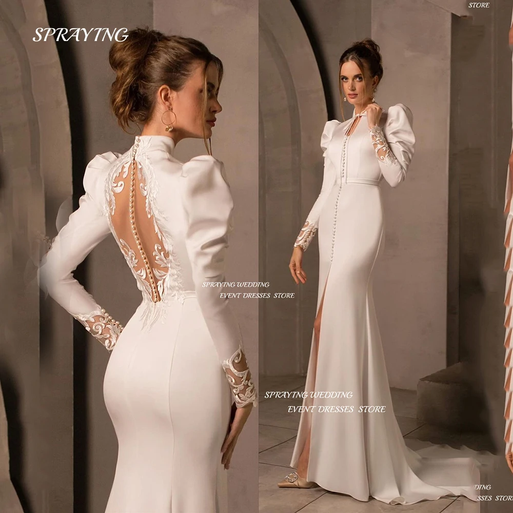 

SPRAYING Elegant High Neck Wedding Dress Saudi Arabia Hollow Out Mermaid Bridal Gown Floor Length Long Sleeve Bridal Dresses