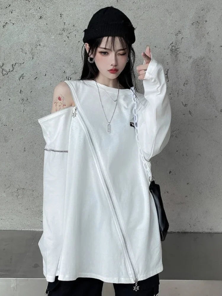 Y2K Techwear Zip Up T Shirts Women Harajuku Punk Off Shoulder Tee Loose O-neck Long Sleeve Sexy Tops Hip Hop Streetwear