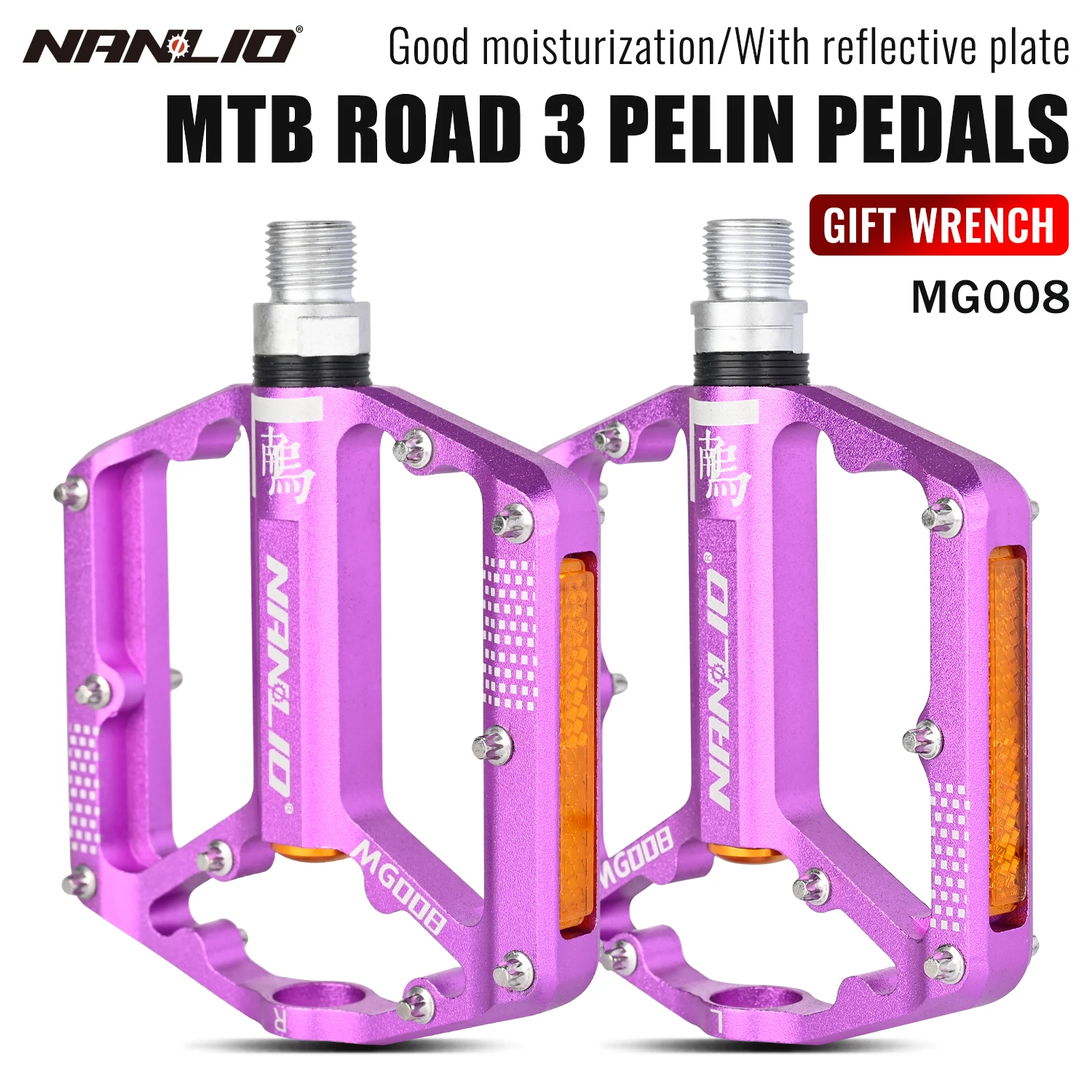 Nanlio Mountain Bike Pedals, Cross-Country, Trail, 6 Sealed Bearings, Wide Platform, 2 Reflectors, 18 Anti-Skid Pins, 290g Pair