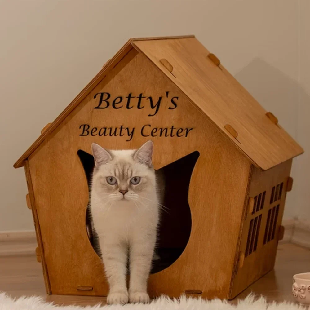 

Hot sales Modern Wooden Cat Home Kitten Cottage Decorative Assembly wood Cat House