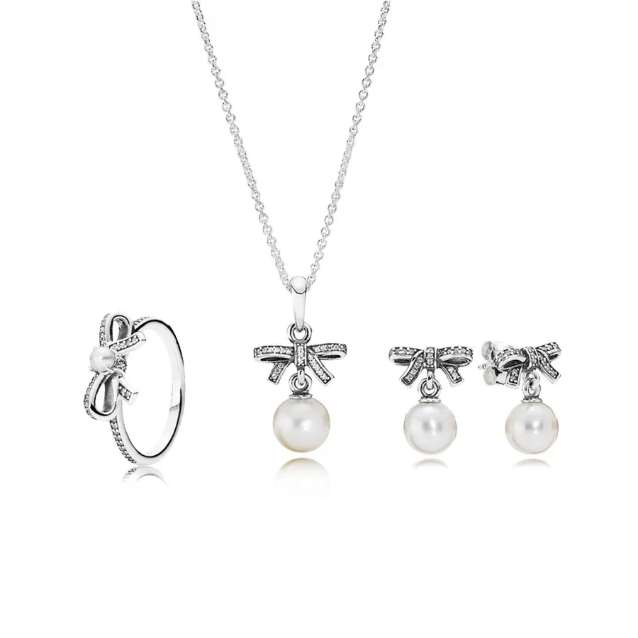 

Fashion Europe 925 Sterling Silver Bow Silver Pendant,Earring,Ring,Necklace with Pearl Jewelry Set for Women's Anniversary Gift