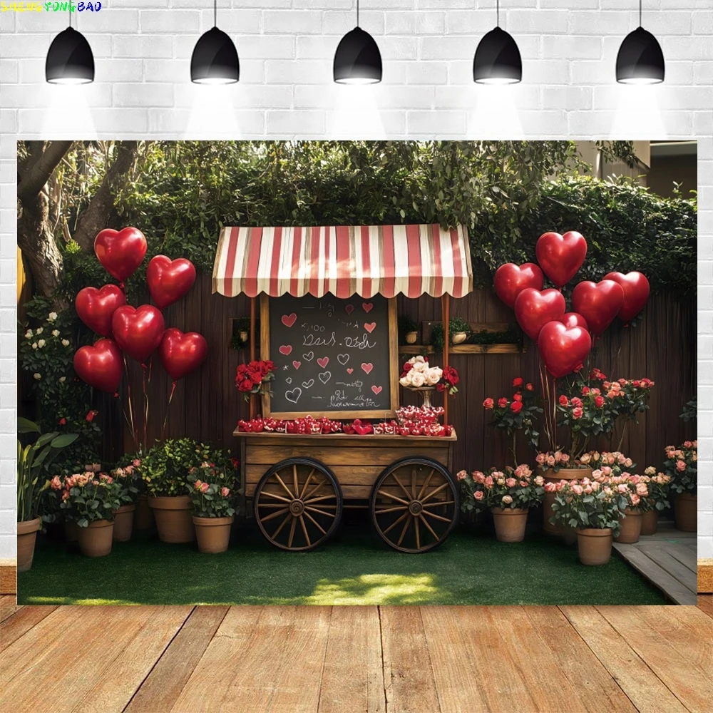 

Valentine's Day Theme Photography Backdrop Spring Love Heart Balloon Rose Flowers Green Leaf Valentine's Day Photo Background