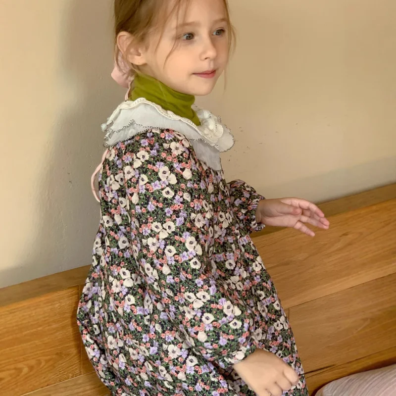 

Girls' Dress Autumn Winter New Children's Stylish Padded Thickened Princess Dress Fashionable Lace Trim Floral Dress