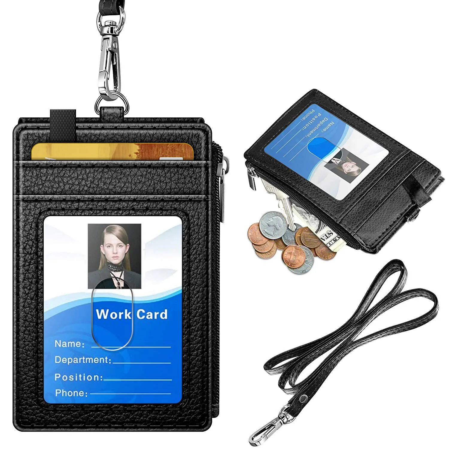 Creative PU Card Bag Card Set Bus Card Zipper Bag Work Tag Label Employee Card with Leather Hanging Rope