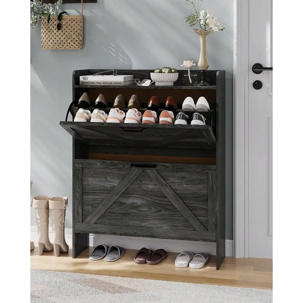 

Shoe Storage Organizer With 2 Flip Drawers, Rustic Brown Farmhouse Shoe Cabinet For Entryway, Foyer, Or Hallway, Slim Freestand
