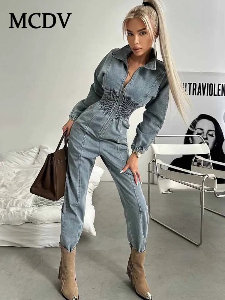 

MCDV Autumn Denim Jumpsuit for Women Overalls Long Sleeve Zipper Turn-down Collar Elegant Slim Jumpsuits Y2k Streetwear Vintage