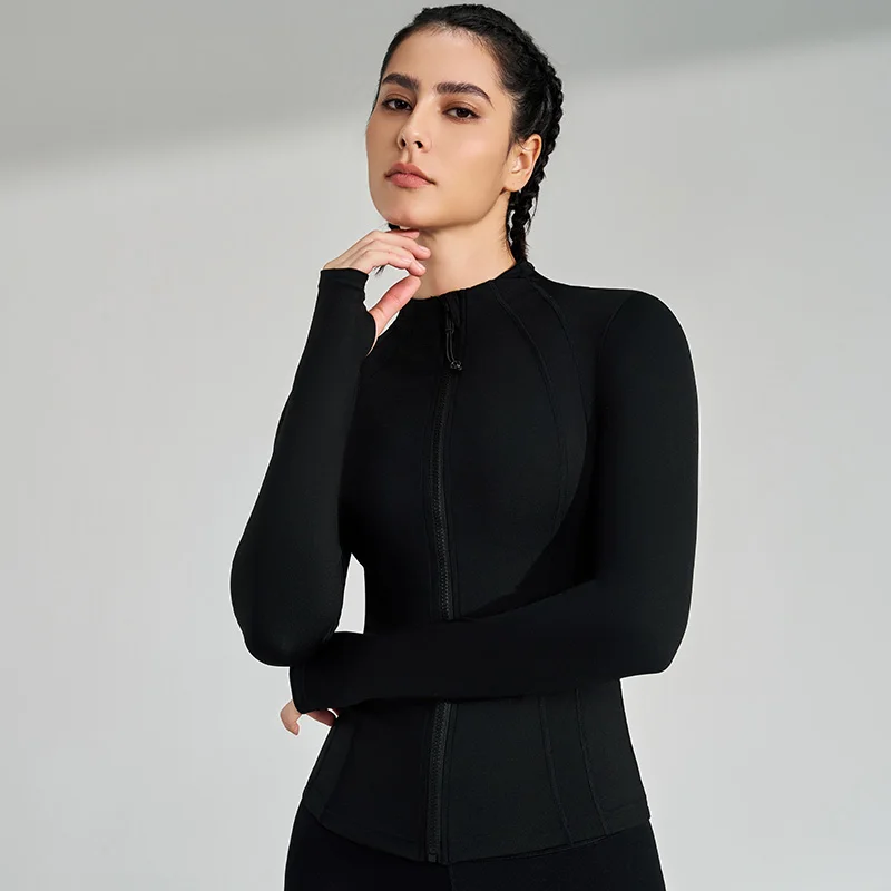 Women\'s Sports Fitness Zip Long Sleeve Jacket Standing Collar Yoga Running Slim Top Breathable Quick Dry Gym Training Clothes