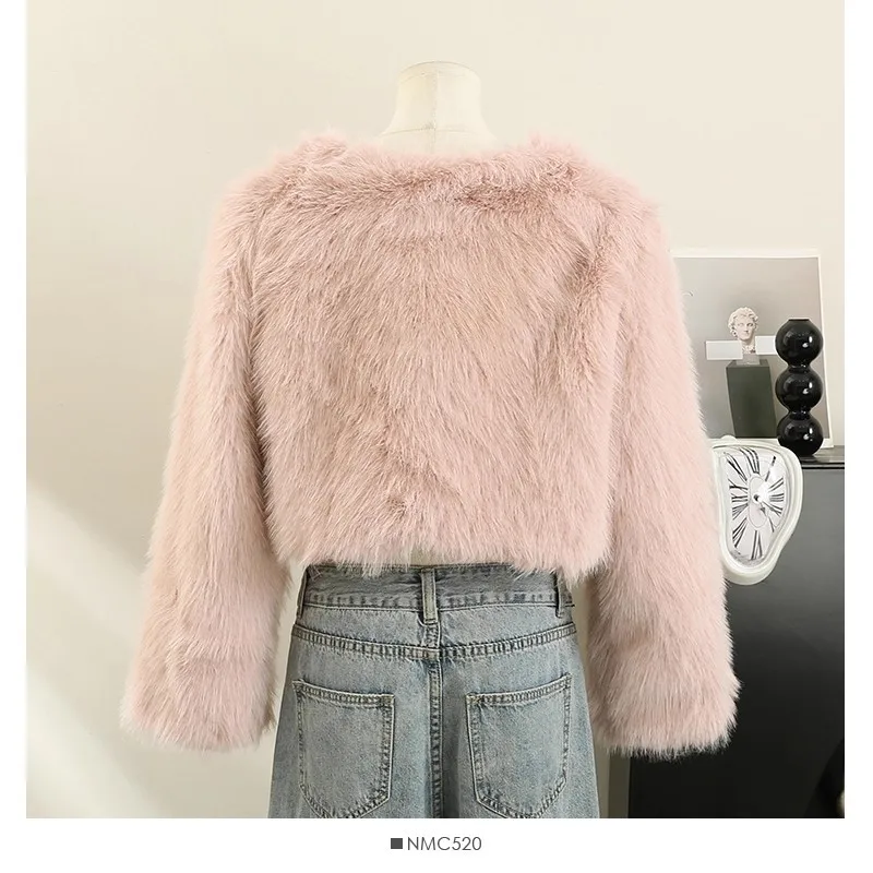 معاطف نسائية من فرو الثعلب الصناعي سترات قصيرة متينة بأكمام طويلة ورقبة على شكل V غرزة مفتوحة فرو سميك دافئ فضفاض مناسب غير رسمي لخريف وشتاء 2025 #6