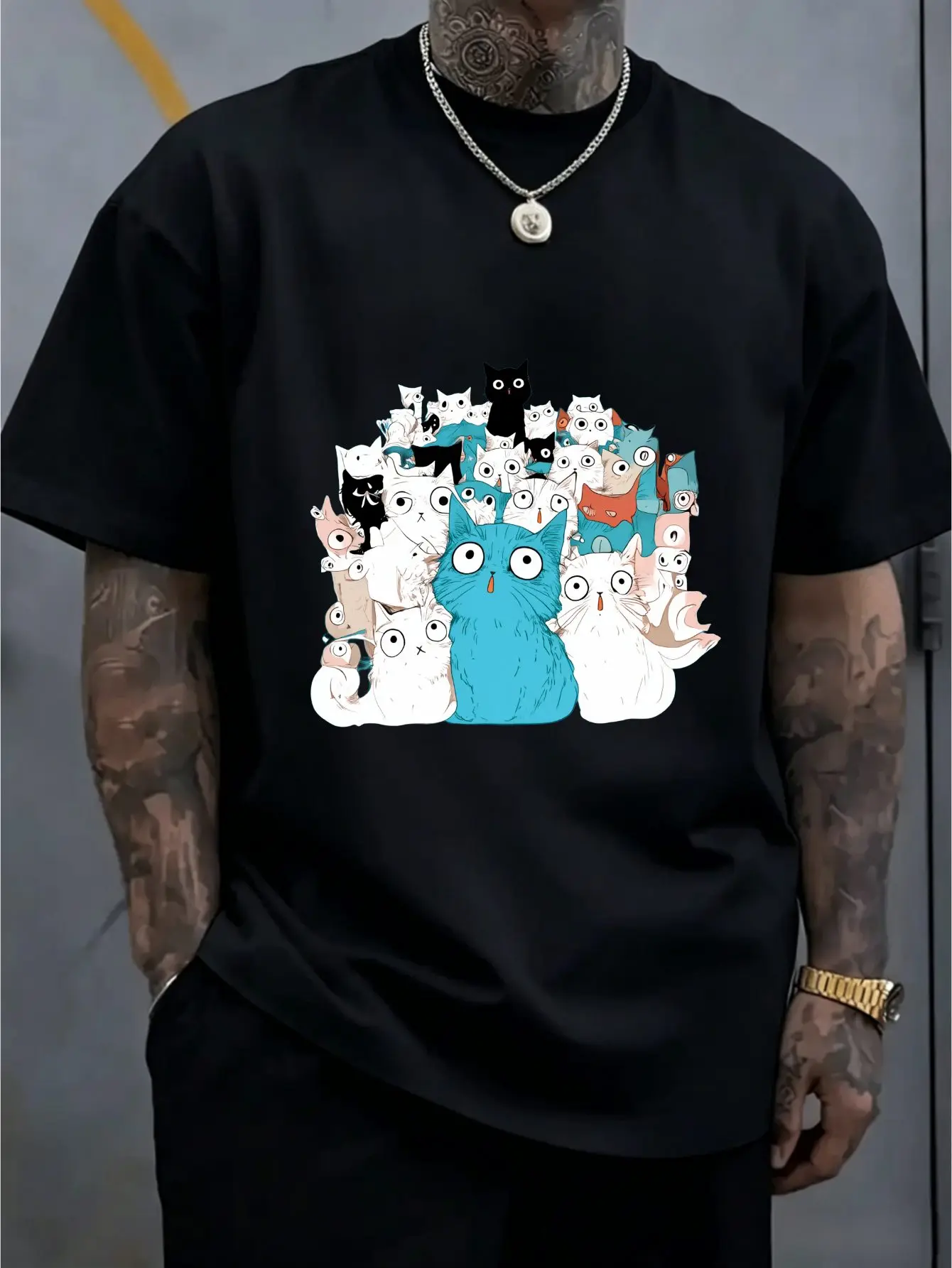 Trendy Mens Cotton Tshirt Kawaii Surprised Multicolor Cat Cluster Graphic Short Sleeve Crew Neck Loose Pet Travel Casual Wear