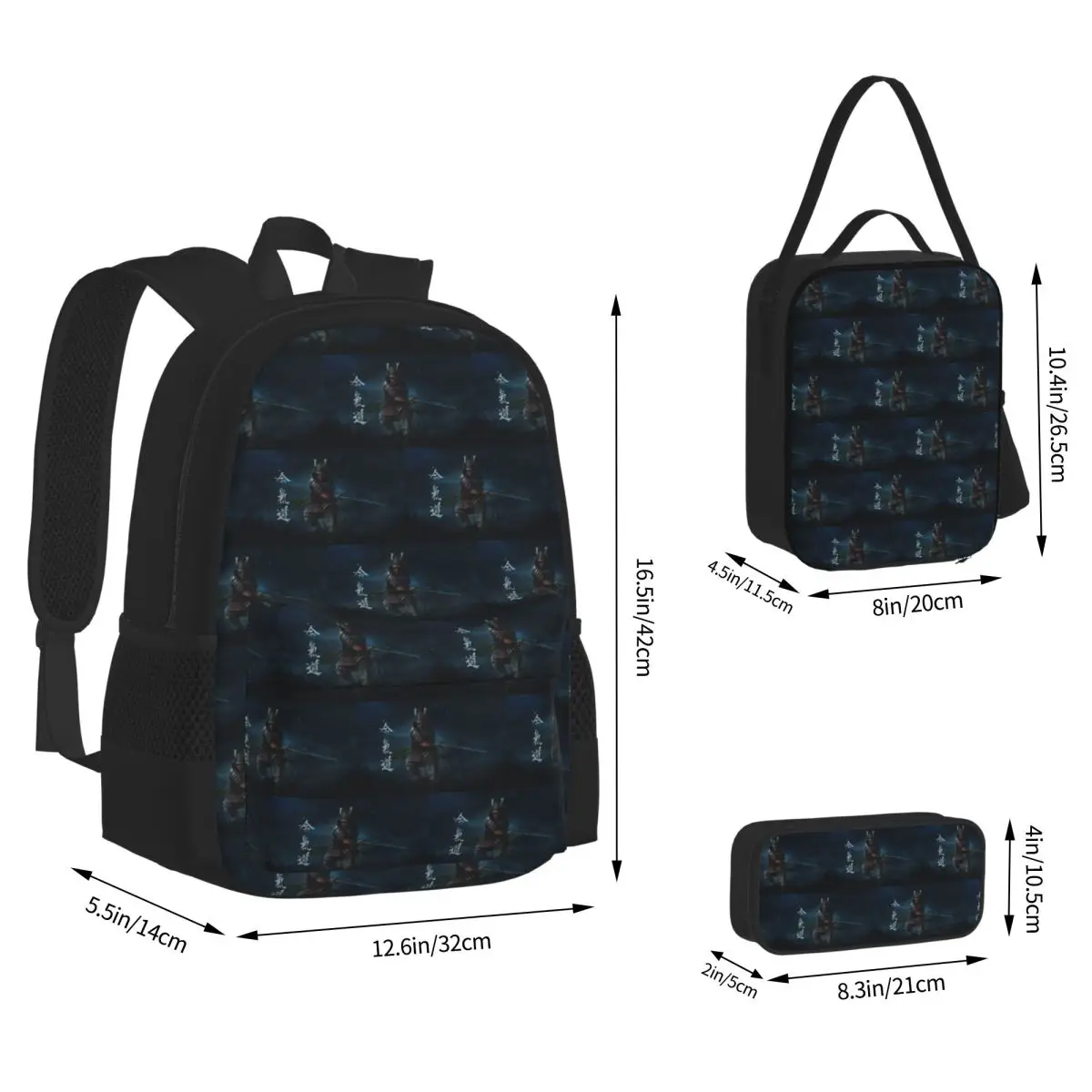 Samurai Spirits Backpacks Boys Girls Bookbag School Bags Children Rucksack Lunch Bag Pen Bag Three-Piece Set