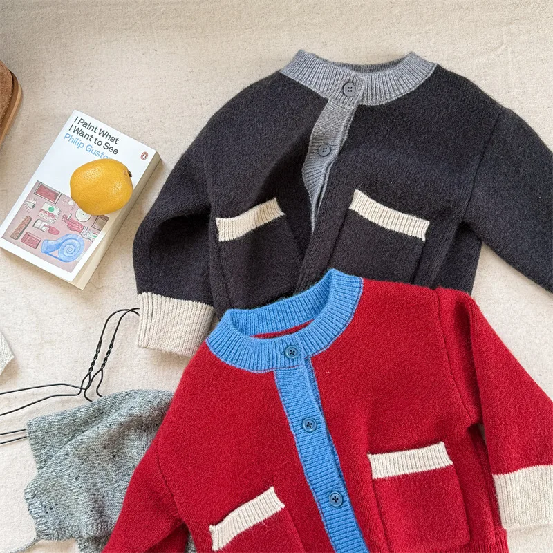 

2025 Winter New Children Long Sleeve Knitted Coat Baby Girls Sweater Cardigan Boys Patchwork Casual Knitwear Kids Tops Jacket