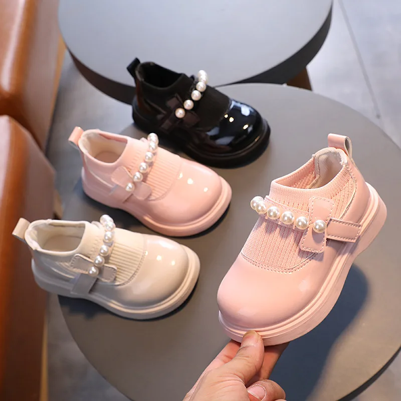 2024 Autumn New Pearls Princess Shoes for Children Soft Sole Outdoor Shoes Baby Girls Party Shoes Kids Pu Leather Shoes