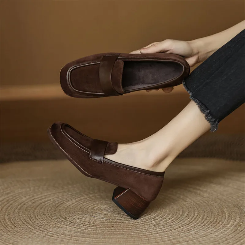 

Новые осенне-зимние женские туфли-лодочки из овечьей замши, женские лоферы с французским квадратным носком, Zapatos Mujer, женская обувь на массивном каблуке