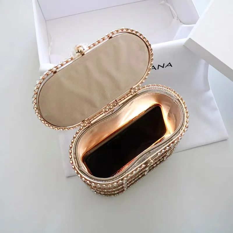 Luxury Metal Cage Pearl Beading Women\'s Handbag Shiny Rhinestones Diamond Evening Bag Wedding Party Clutch Purse Crossbody Bag