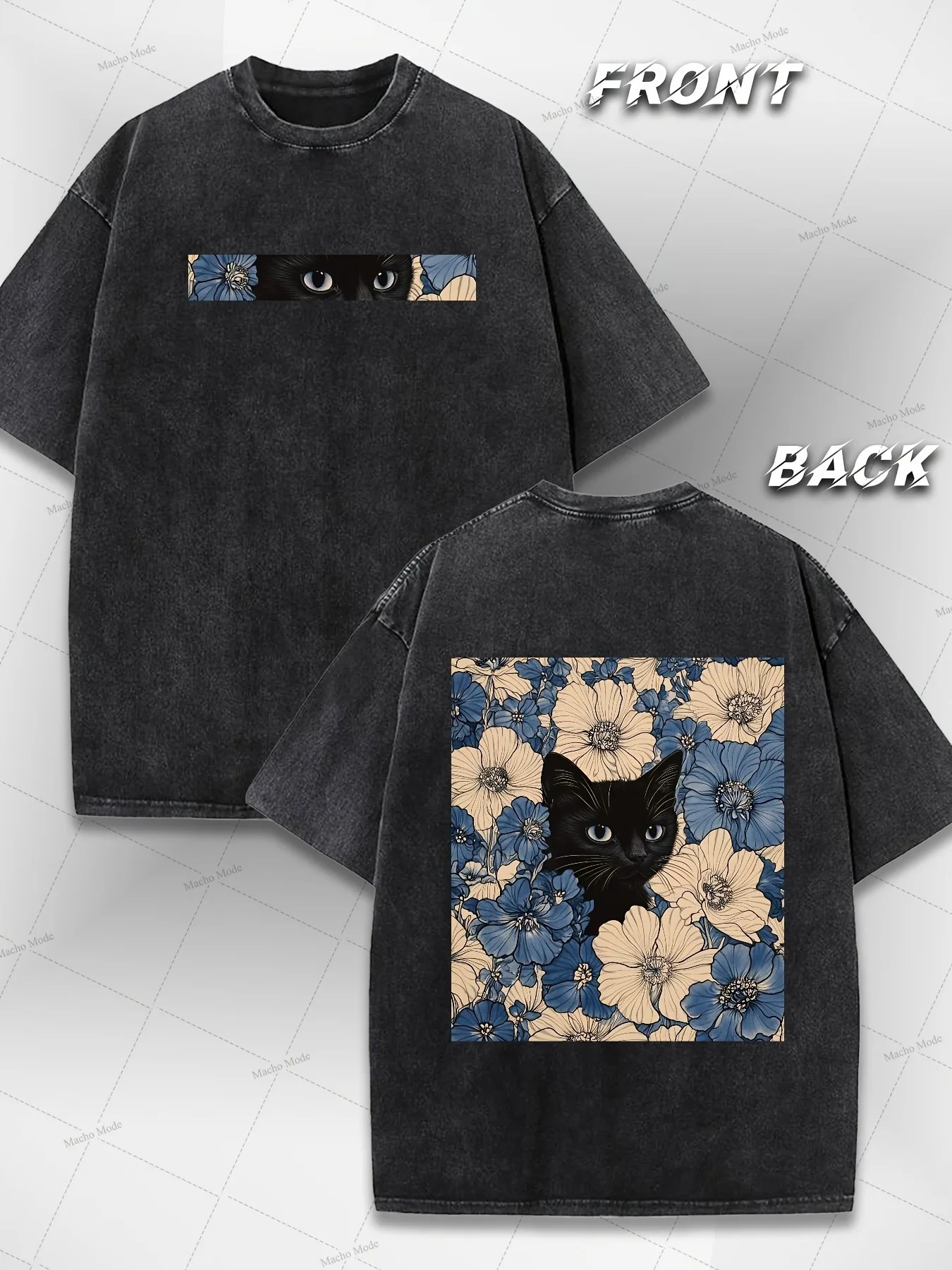 Black Cat Floral Pattern Fun Printing Retro Washed Pure Cotton T-shirt Yk Style American Street Style Wear & Gifting (230g Heavy Pure Cotton Wash)