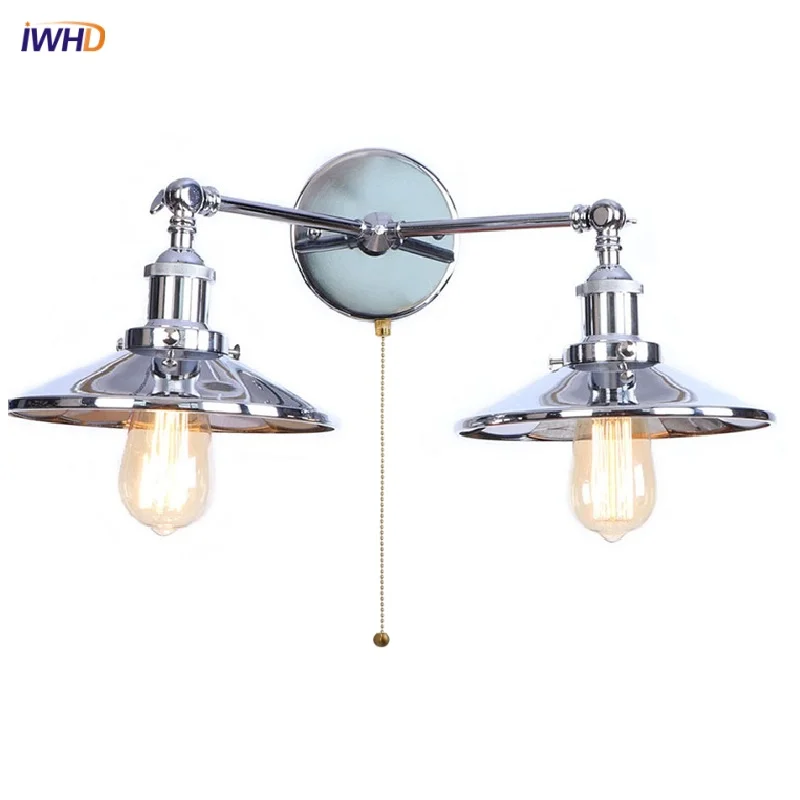 

IWHD Art Lens LED Wall Lamp 2 Heads Stair Light Fixtures Dining Room Bedroom Loft Pull Chain Switch Luminaire Industrial Lampara