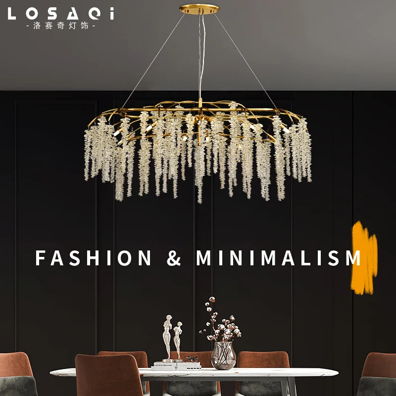 QJJ Post-Modern Light Luxury Copper Living Room Chandelier Villa Creative Personality Long Dining Room Crystal Rattan Study Lamp