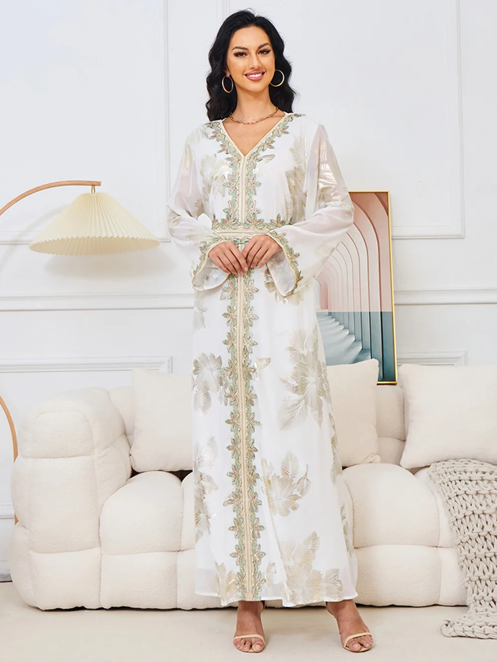 Jhjn outono e inverno estampagem de ouro bordado cinto muçulmano robe dubai viagem vestido de noite roupas femininas