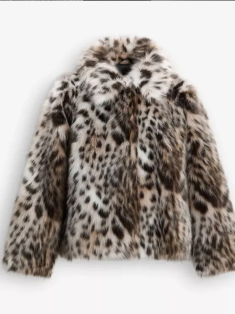 Chic Leopard Print Faux Fur Coats Fashion Lapel Long Sleeves Side Pockets Warm Jacket 2024 Women Winter Casual Furry Outwear