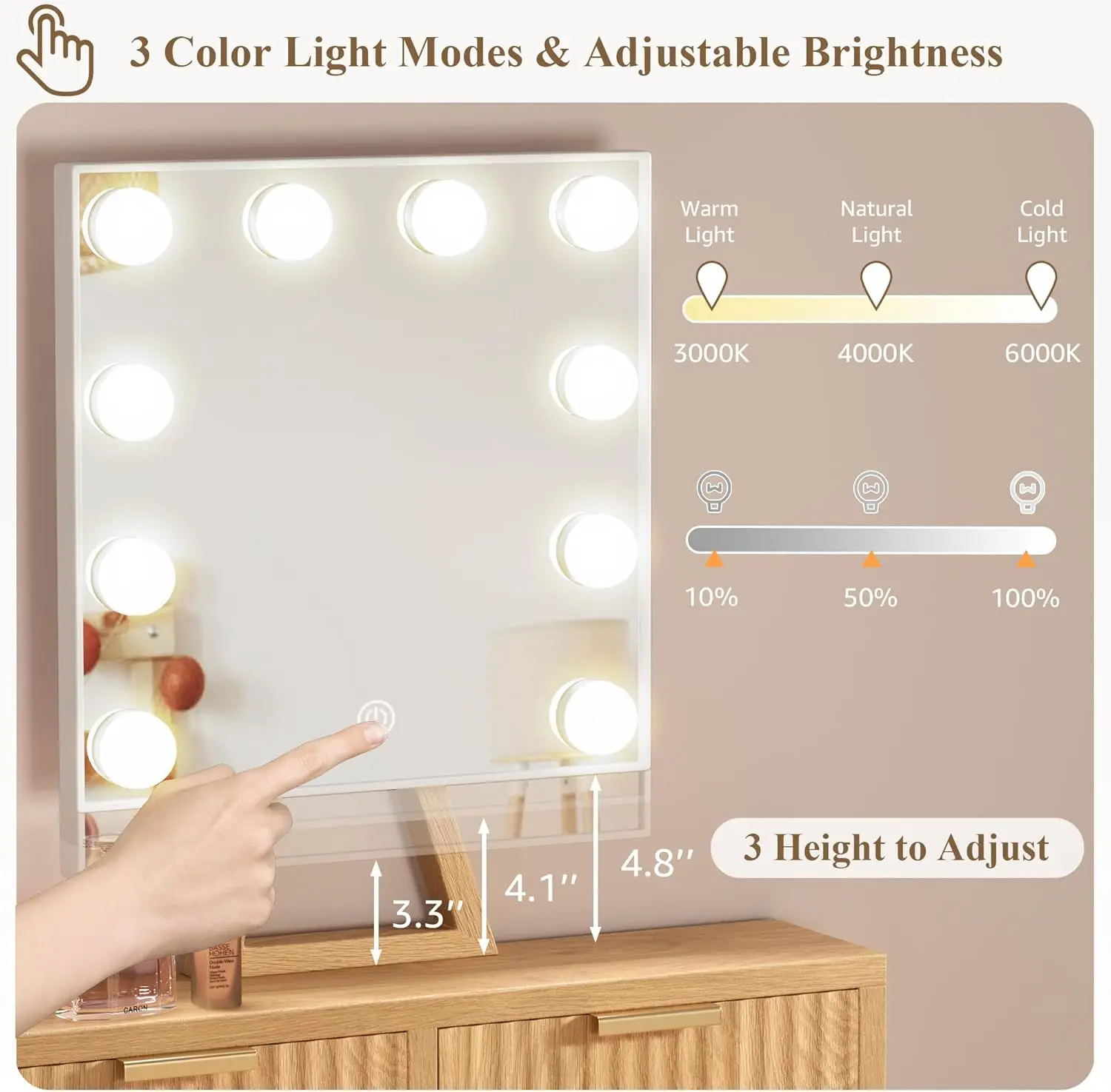 Bedroom Use, Wood Material, Compact Vanity Desk with Hollywood Mirror, Lights, Drawers, and Outlet view 5