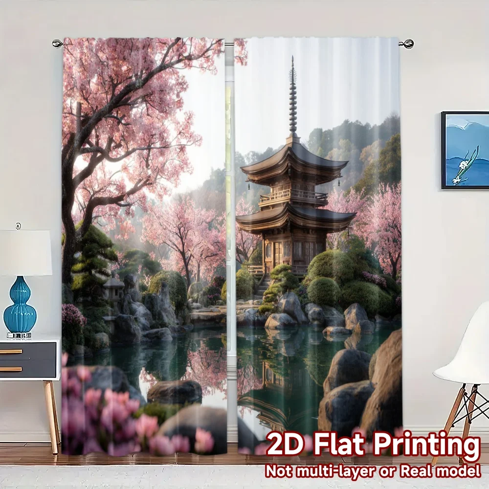 2pcs, 2D FLAT PRINTING Curtains (Without Rod) Cherry Oasis Popular Curtains&Window Treatment Durable 100% Polyester Fabric