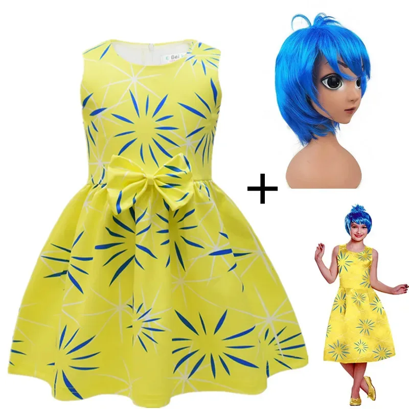

High Quality I-Inside O-Out 2 Joy Cosplay Costume Princess Bow Dress + Wigs Girls Halloween Carnival Birthday Movie Joy Dress Up