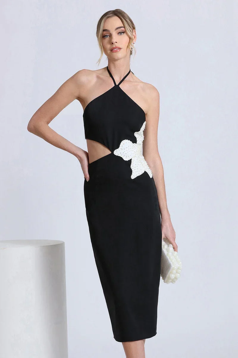 

New Summer Black Color Women Sexy Halter Pearl Beading Florlas Bodycon Mid-calf Bandage Dress Celebrate Evening Party Wear