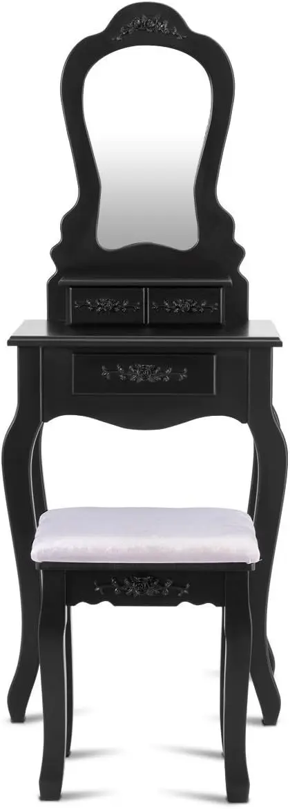 Bathroom Vanity Wood Makeup Dressing Table Stool Set with Mirror (Black)