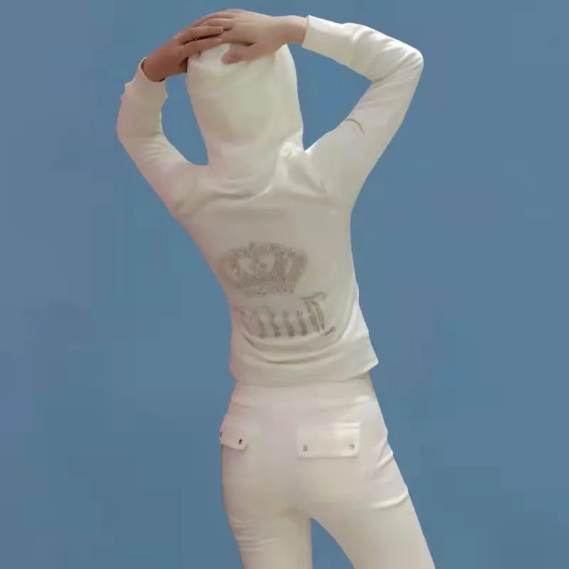 Y2K Velvet Tracksuit Two Piece Women's Juicy Tracksuit Hoodies Set With Pocket and Diamond Velour Pencil pantsTracksuit