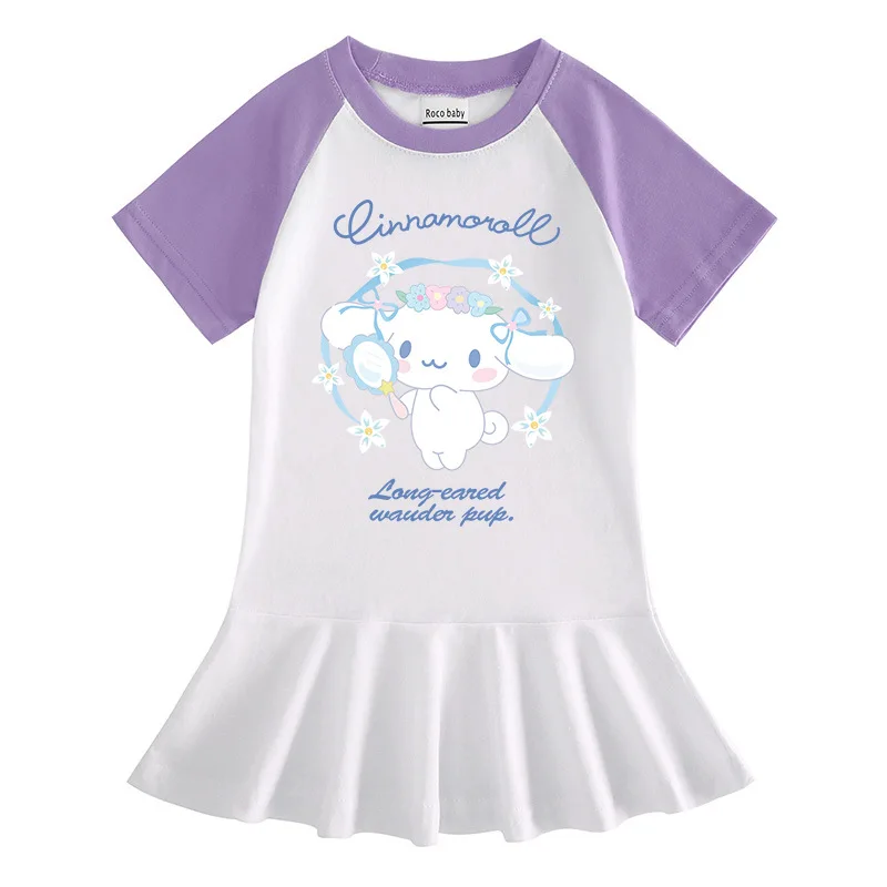 Anime Sanrios Cinnamoroll Kids Short Sleeve Dress Girls Cartoon Half Sleeve Dress Fashion Pleated Skirt Preppy Clothes Summer