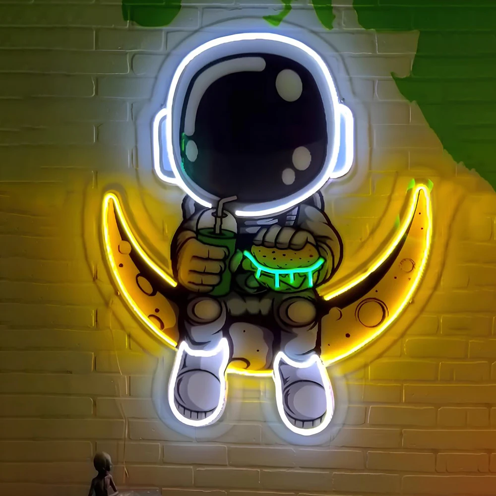 Imagem -03 - Astronauta Comer Pizza Neon Sign Restaurante Fast Food Shop Decoração da Parede Lâmpada de Luz Personalizada para Pizza Store Decor