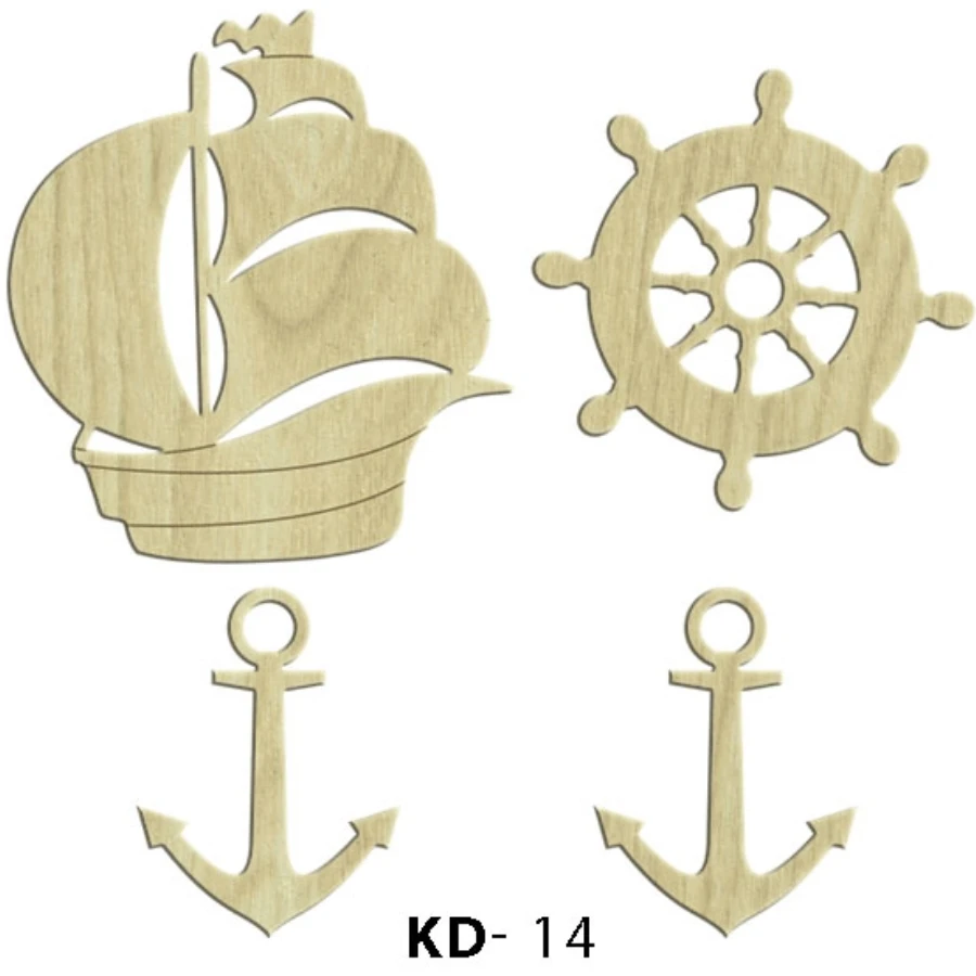 KD14 Sailboat, Rudder, Anchor 4lü Set Wooden Package Ornament, Hobby Wood Ornament