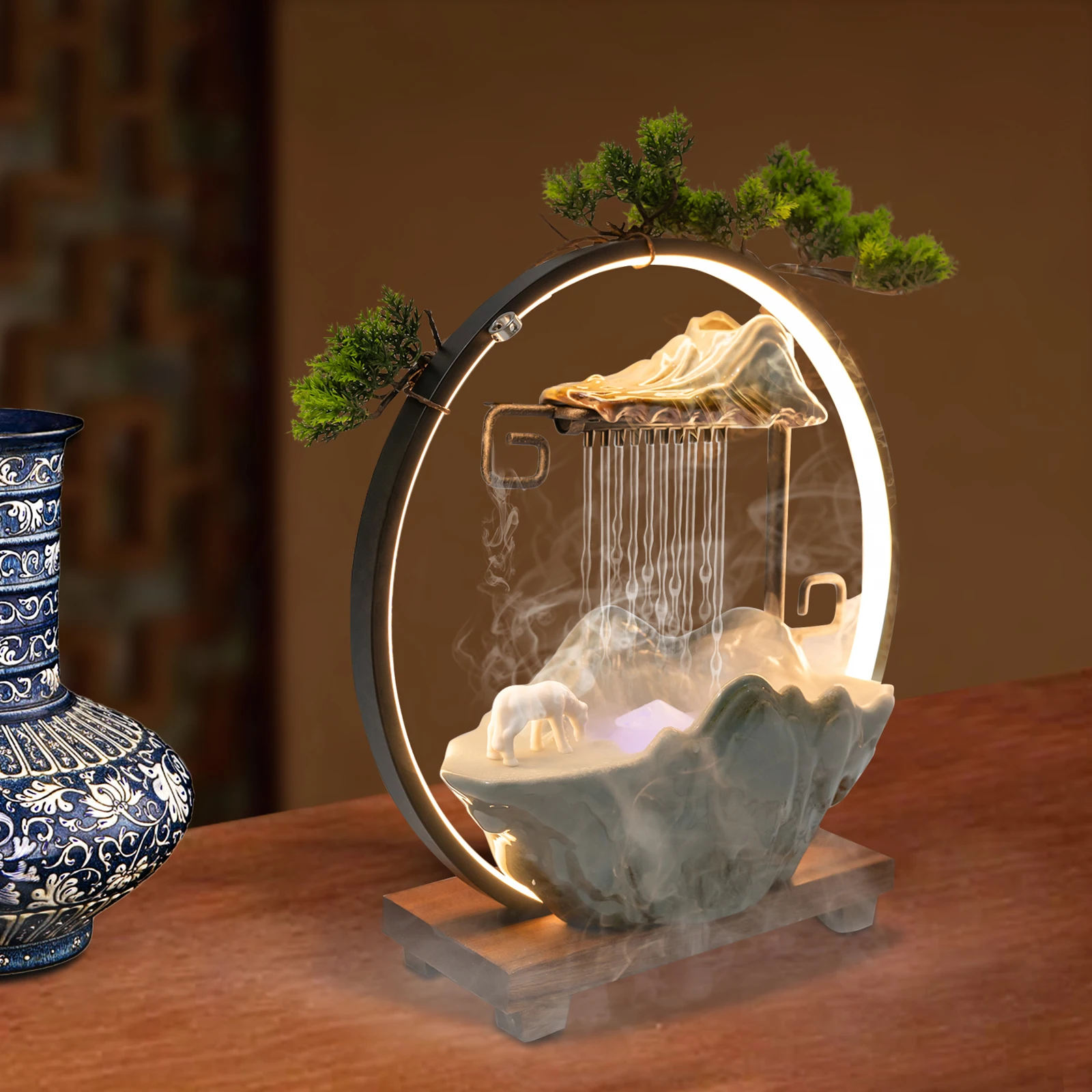 

Tabletop Water Fountains Indoor Waterfall with Mist LED Indoor Water Fountains for Meditation with Fake Plants Feng Shui Decor