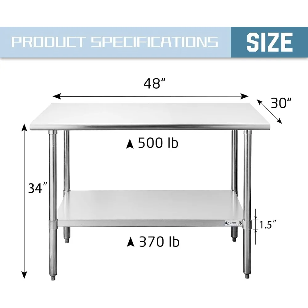 HALLY Stainless Steel Table for Prep & Work 30 x 48 Inches, NSF Commercial Heavy Duty Table with Undershelf and Galvanized Legs