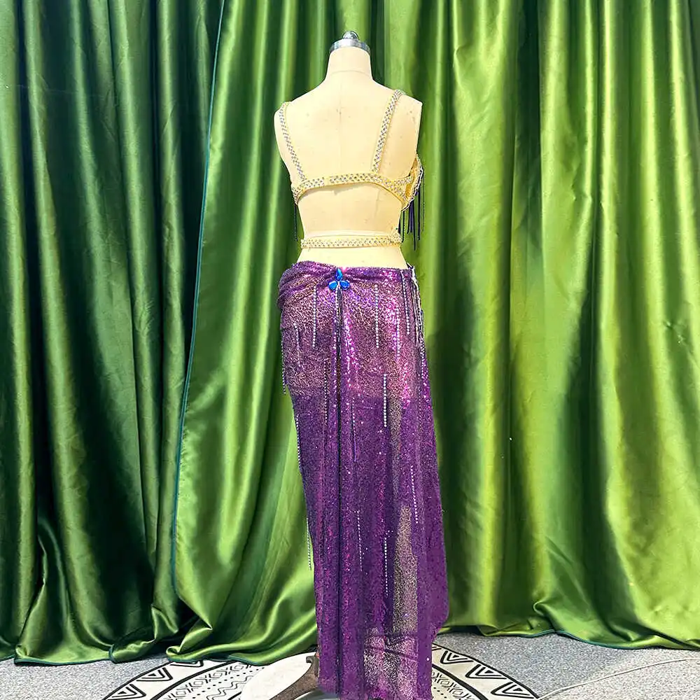 Abiti da danza del ventre personalizzati Set di spettacoli per competizioni di gruppo Abbigliamento da ballo esotico Reggiseno di danza del ventre Gonna lunga da donna