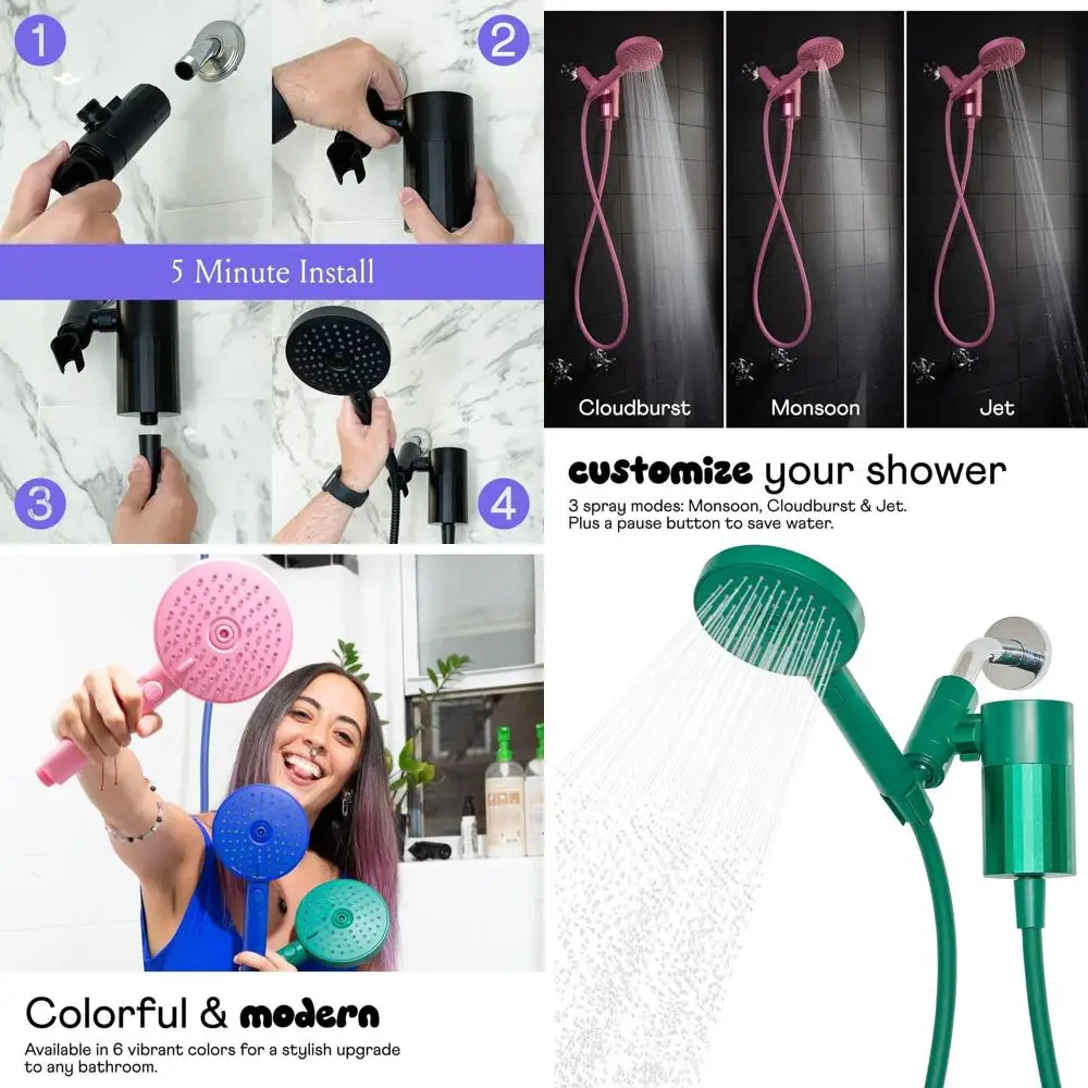 

Portable Shower Filter Set with High-Performance Filtration for Cleaner Hair and Skin, 70 Long Hose, 3 Spray Modes, Green